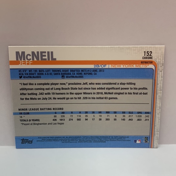 2019 Topps Chrome Serpia Refractor Jeff McNeil Mets #152 (MISC7) - Picture 2 of 2